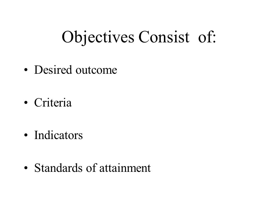 Objectives Consist of: Desired outcome Criteria Indicators Standards of attainment