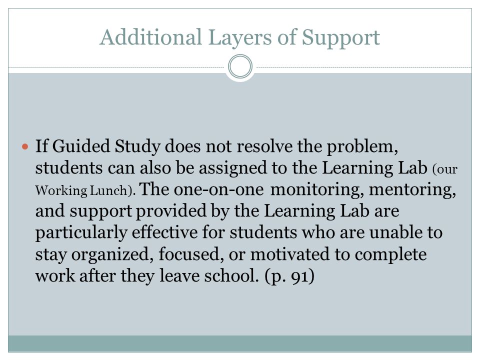Additional Layers of Support If Guided Study does not resolve the problem, students can also be assigned to the Learning Lab (our Working Lunch).