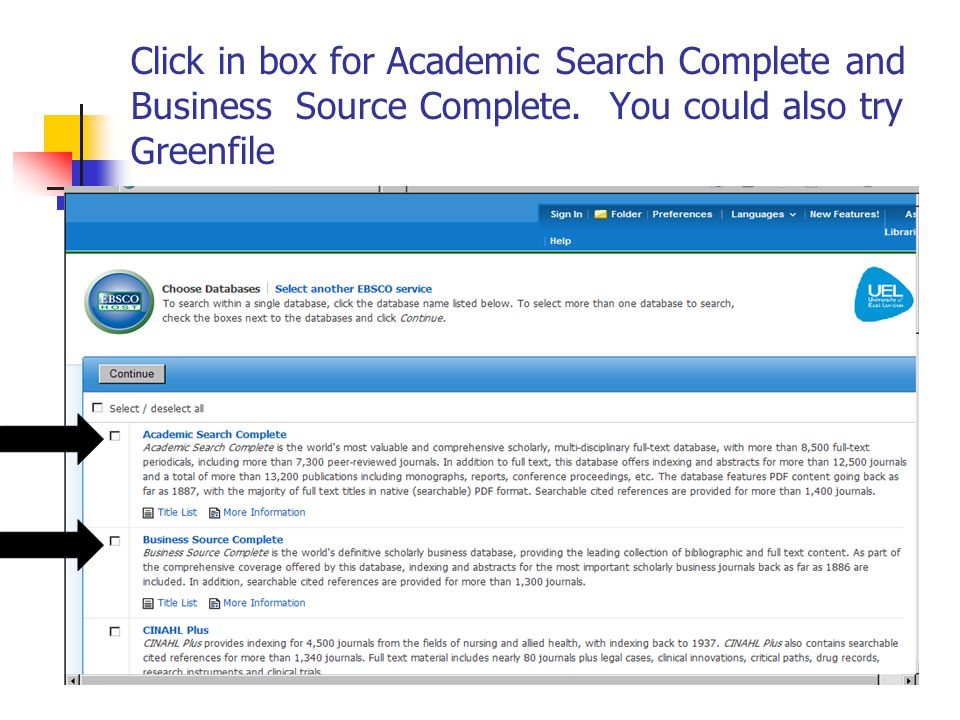 Click in box for Academic Search Complete and Business Source Complete.