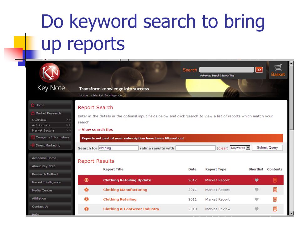 Do keyword search to bring up reports