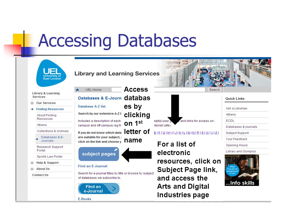 Accessing Databases For a list of electronic resources, click on Subject Page link, and access the Arts and Digital Industries page Access databas es by clicking on 1 st letter of name