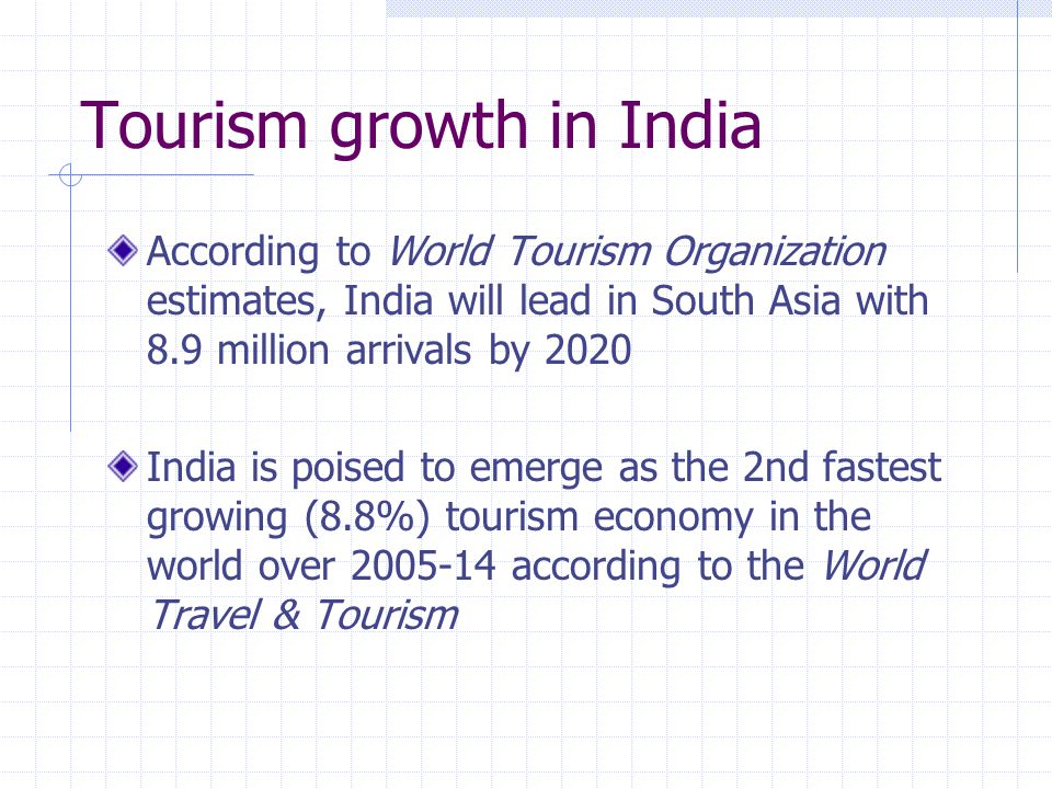Tourism growth in India According to World Tourism Organization estimates, India will lead in South Asia with 8.9 million arrivals by 2020 India is poised to emerge as the 2nd fastest growing (8.8%) tourism economy in the world over according to the World Travel & Tourism