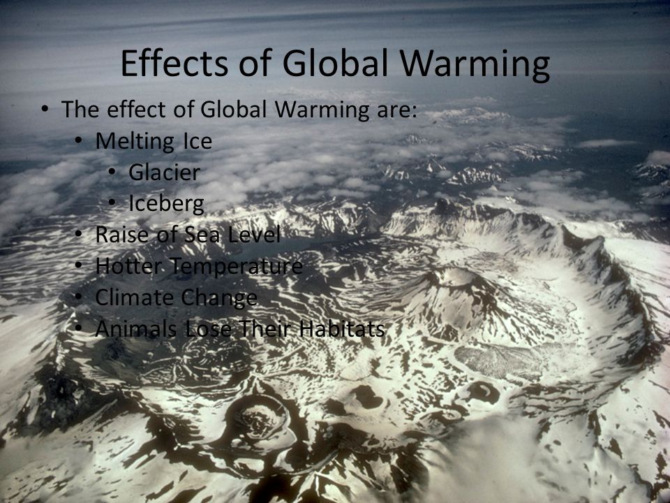 Effects of Global Warming The effect of Global Warming are: Melting Ice Glacier Iceberg Raise of Sea Level Hotter Temperature Climate Change Animals Lose Their Habitats