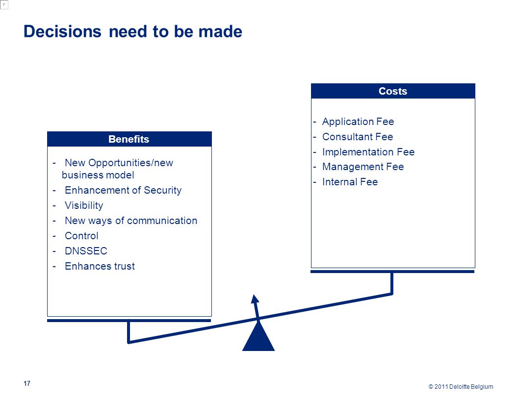 © 2011 Deloitte Belgium BenefitsCosts -Application Fee -Consultant Fee -Implementation Fee -Management Fee -Internal Fee Decisions need to be made 17 - New Opportunities/new business model - Enhancement of Security - Visibility - New ways of communication - Control - DNSSEC - Enhances trust
