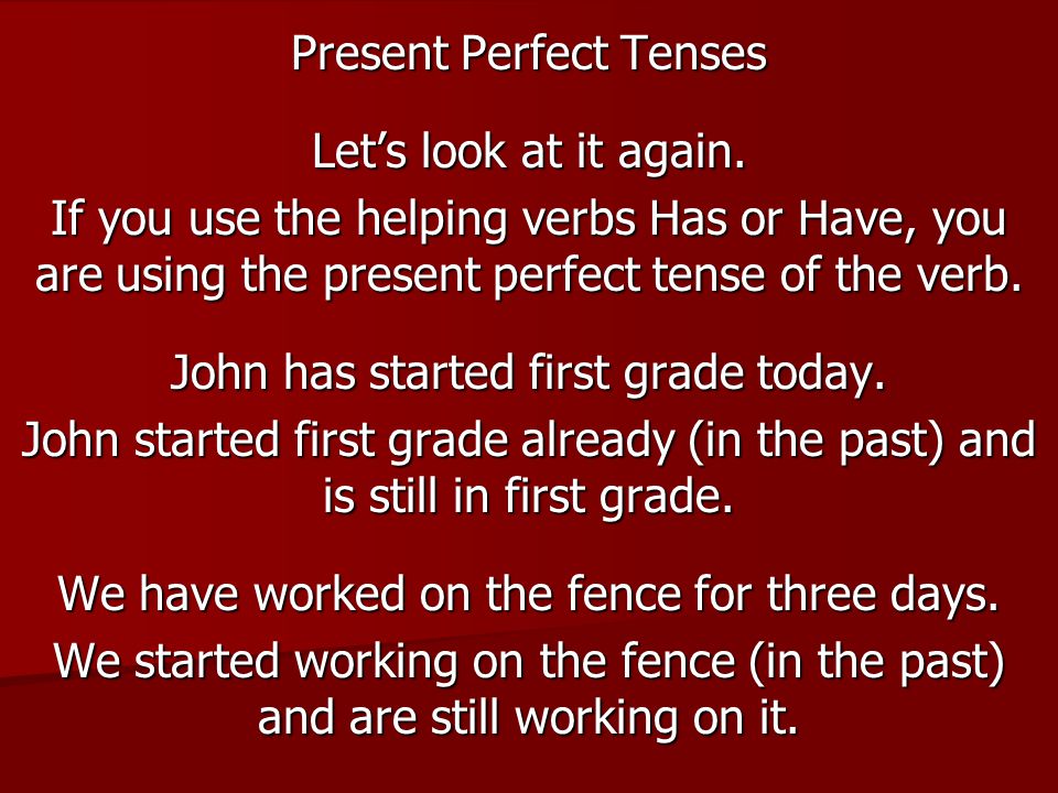 Present Perfect Tenses Let’s look at it again.