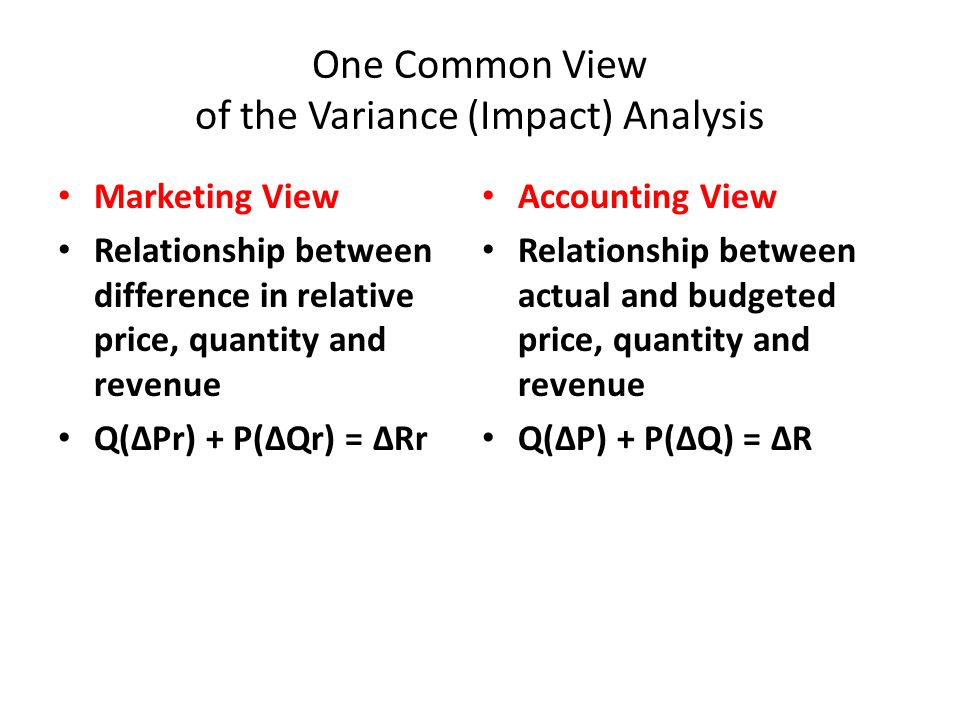 One Common View of the Variance (Impact) Analysis Marketing View Relationship between difference in relative price, quantity and revenue Q(∆Pr) + P(∆Qr) = ∆Rr Accounting View Relationship between actual and budgeted price, quantity and revenue Q(∆P) + P(∆Q) = ∆R