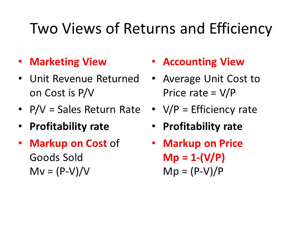Two Views of Returns and Efficiency Marketing View Unit Revenue Returned on Cost is P/V P/V = Sales Return Rate Profitability rate Markup on Cost of Goods Sold Mv = (P-V)/V Accounting View Average Unit Cost to Price rate = V/P V/P = Efficiency rate Profitability rate Markup on Price Mp = 1-(V/P) Mp = (P-V)/P