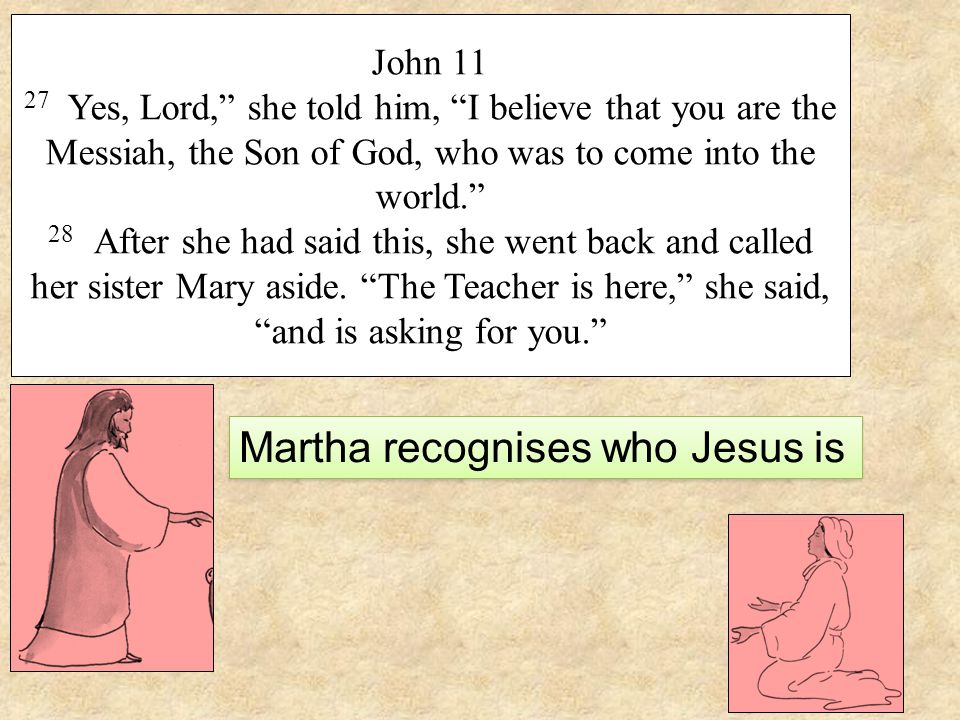 John Yes, Lord, she told him, I believe that you are the Messiah, the Son of God, who was to come into the world. 28 After she had said this, she went back and called her sister Mary aside.