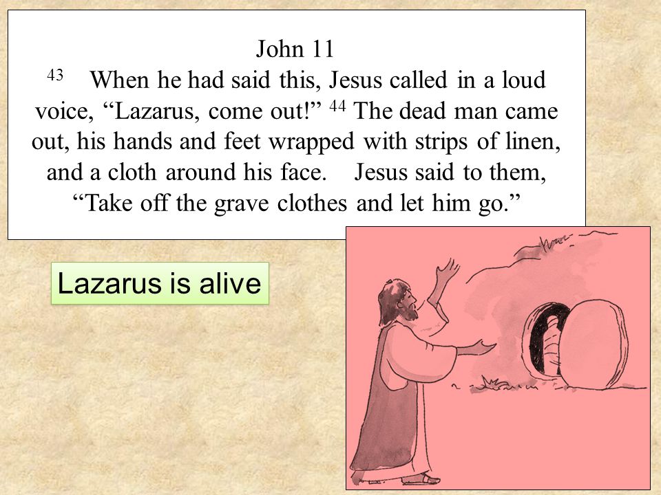 John When he had said this, Jesus called in a loud voice, Lazarus, come out! 44 The dead man came out, his hands and feet wrapped with strips of linen, and a cloth around his face.
