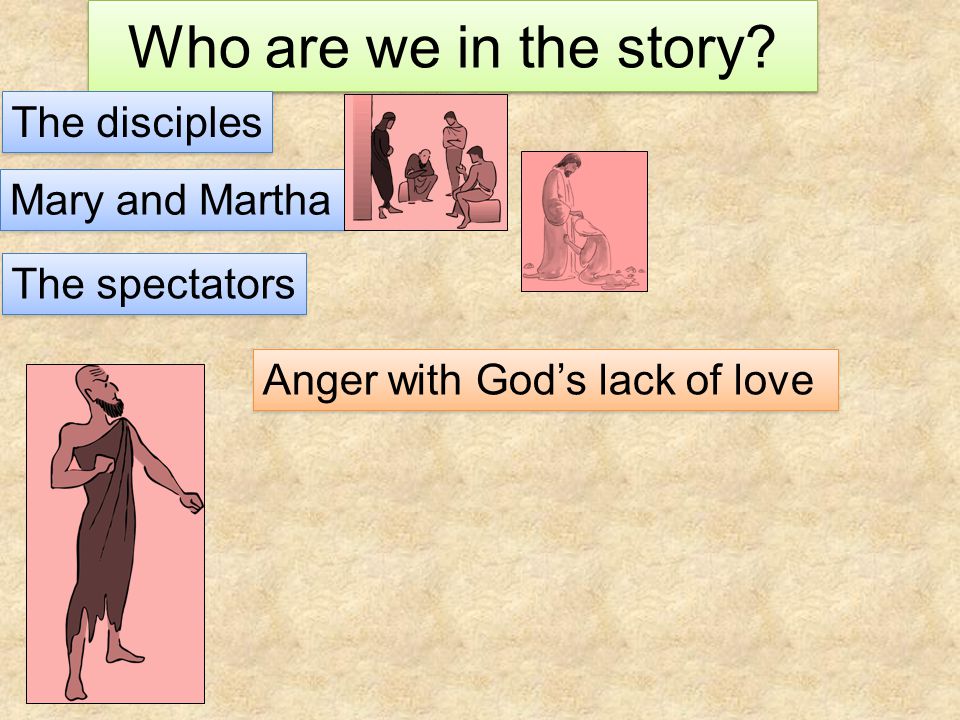 Who are we in the story The disciples Mary and Martha The spectators Anger with God’s lack of love