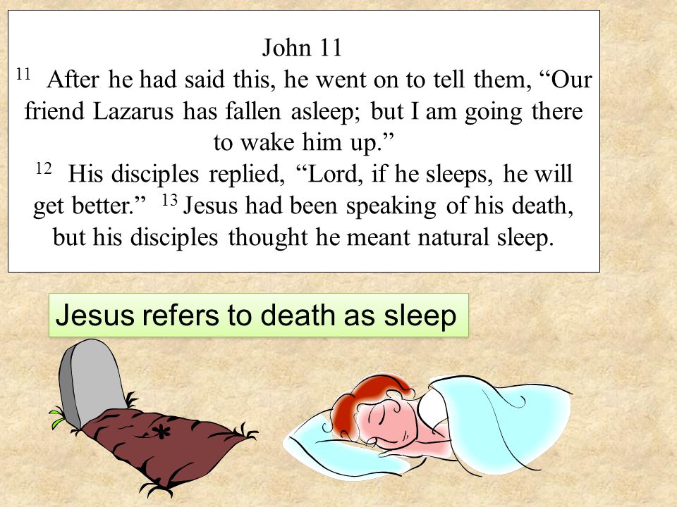 John After he had said this, he went on to tell them, Our friend Lazarus has fallen asleep; but I am going there to wake him up. 12 His disciples replied, Lord, if he sleeps, he will get better. 13 Jesus had been speaking of his death, but his disciples thought he meant natural sleep.