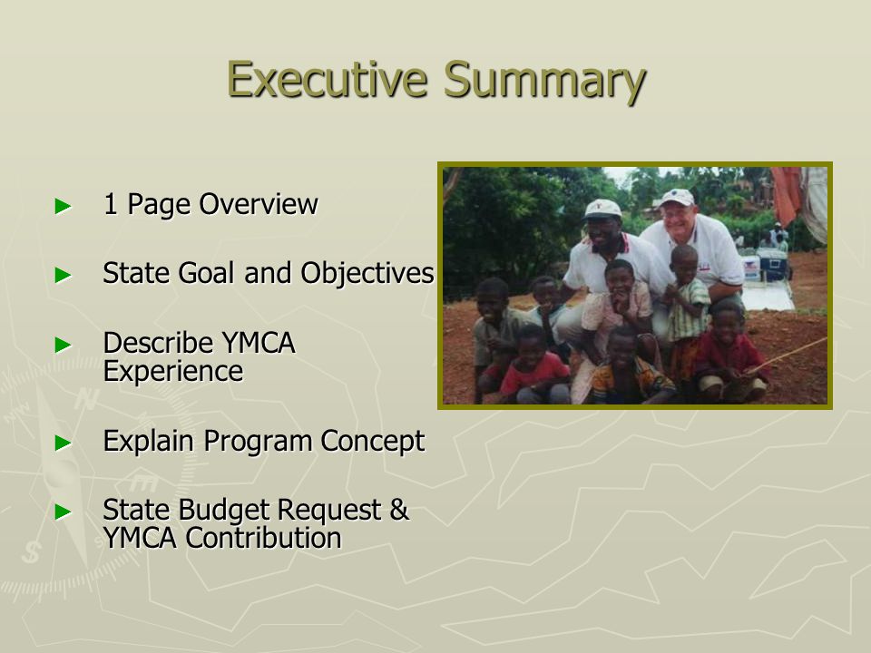 Executive Summary ► 1 Page Overview ► State Goal and Objectives ► Describe YMCA Experience ► Explain Program Concept ► State Budget Request & YMCA Contribution