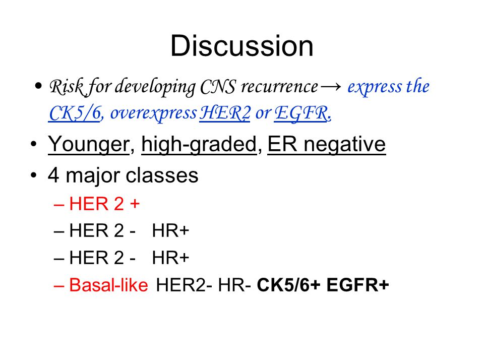 Discussion Risk for developing CNS recurrence → express the CK5/6, overexpress HER2 or EGFR.