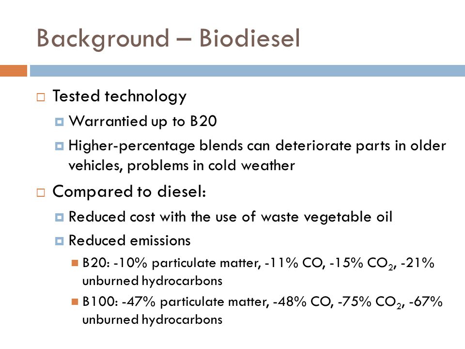 Background – Biodiesel  Tested technology  Warrantied up to B20  Higher-percentage blends can deteriorate parts in older vehicles, problems in cold weather  Compared to diesel:  Reduced cost with the use of waste vegetable oil  Reduced emissions B20: -10% particulate matter, -11% CO, -15% CO 2, -21% unburned hydrocarbons B100: -47% particulate matter, -48% CO, -75% CO 2, -67% unburned hydrocarbons