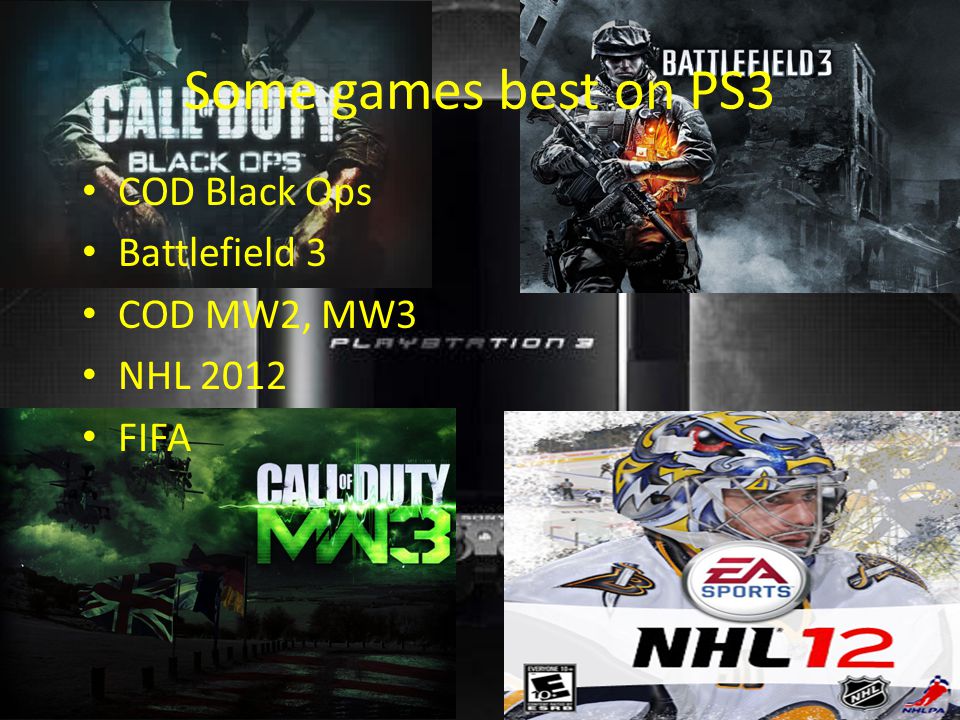 Some games best on PS3 COD Black Ops Battlefield 3 COD MW2, MW3 NHL 2012 FIFA