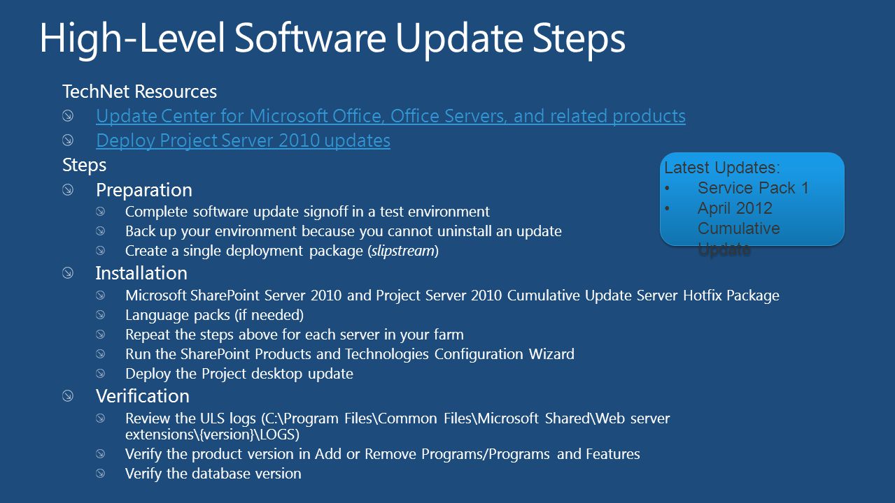 High-Level Software Update Steps TechNet Resources Update Center for Microsoft Office, Office Servers, and related products Deploy Project Server 2010 updates Steps Preparation Complete software update signoff in a test environment Back up your environment because you cannot uninstall an update Create a single deployment package (slipstream) Installation Microsoft SharePoint Server 2010 and Project Server 2010 Cumulative Update Server Hotfix Package Language packs (if needed) Repeat the steps above for each server in your farm Run the SharePoint Products and Technologies Configuration Wizard Deploy the Project desktop update Verification Review the ULS logs (C:\Program Files\Common Files\Microsoft Shared\Web server extensions\{version}\LOGS) Verify the product version in Add or Remove Programs/Programs and Features Verify the database version Latest Updates: Service Pack 1 April 2012 Cumulative Update Latest Updates: Service Pack 1 April 2012 Cumulative Update