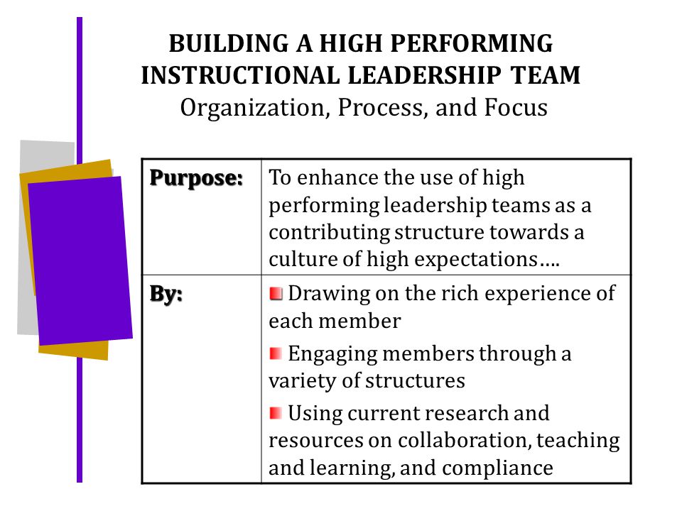 BUILDING A HIGH PERFORMING INSTRUCTIONAL LEADERSHIP TEAM Organization, Process, and Focus Purpose:To enhance the use of high performing leadership teams as a contributing structure towards a culture of high expectations….