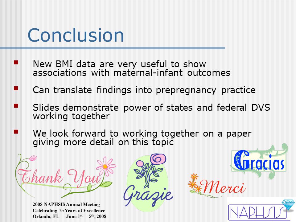 2008 NAPHSIS Annual Meeting Celebrating 75 Years of Excellence Orlando, FL June 1 st – 5 th, 2008 Conclusion  New BMI data are very useful to show associations with maternal-infant outcomes  Can translate findings into prepregnancy practice  Slides demonstrate power of states and federal DVS working together  We look forward to working together on a paper giving more detail on this topic