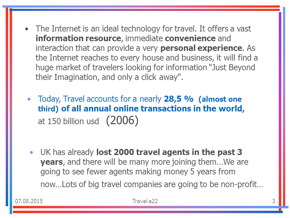 Travel e223 The Internet is an ideal technology for travel.