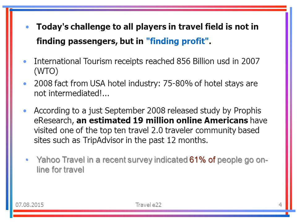 Travel e224 Today s challenge to all players in travel field is not in finding passengers, but in finding profit .