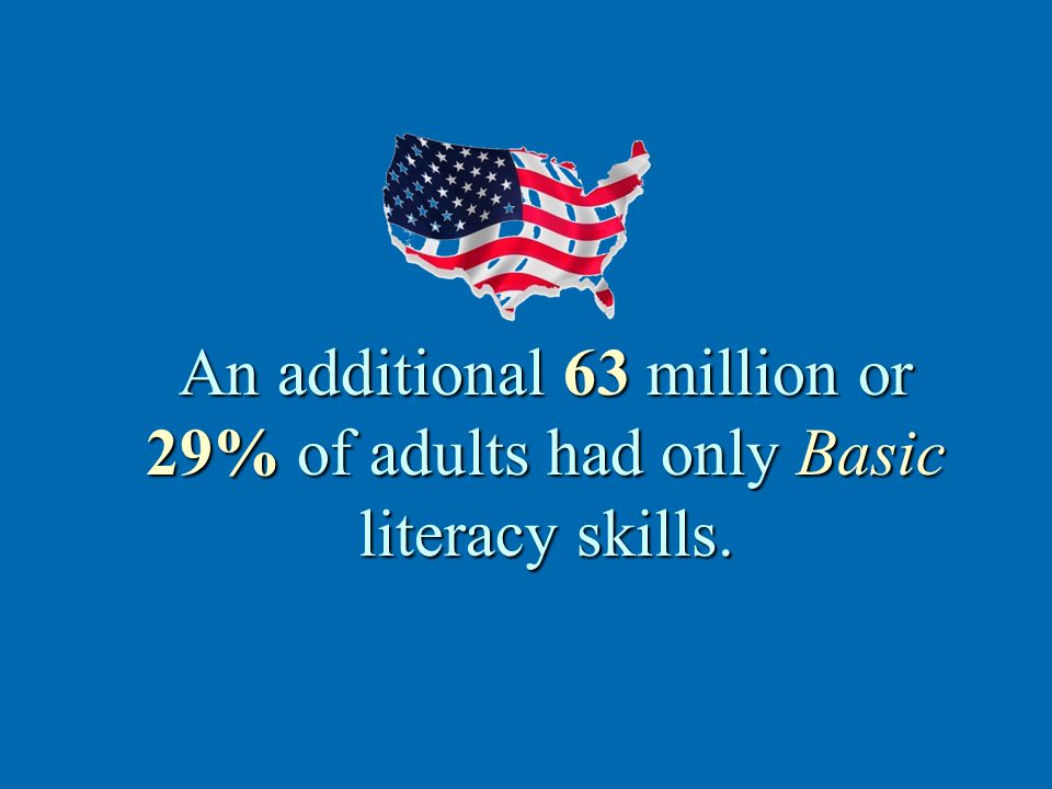 An additional 63 million or 29% of adults had only Basic literacy skills.