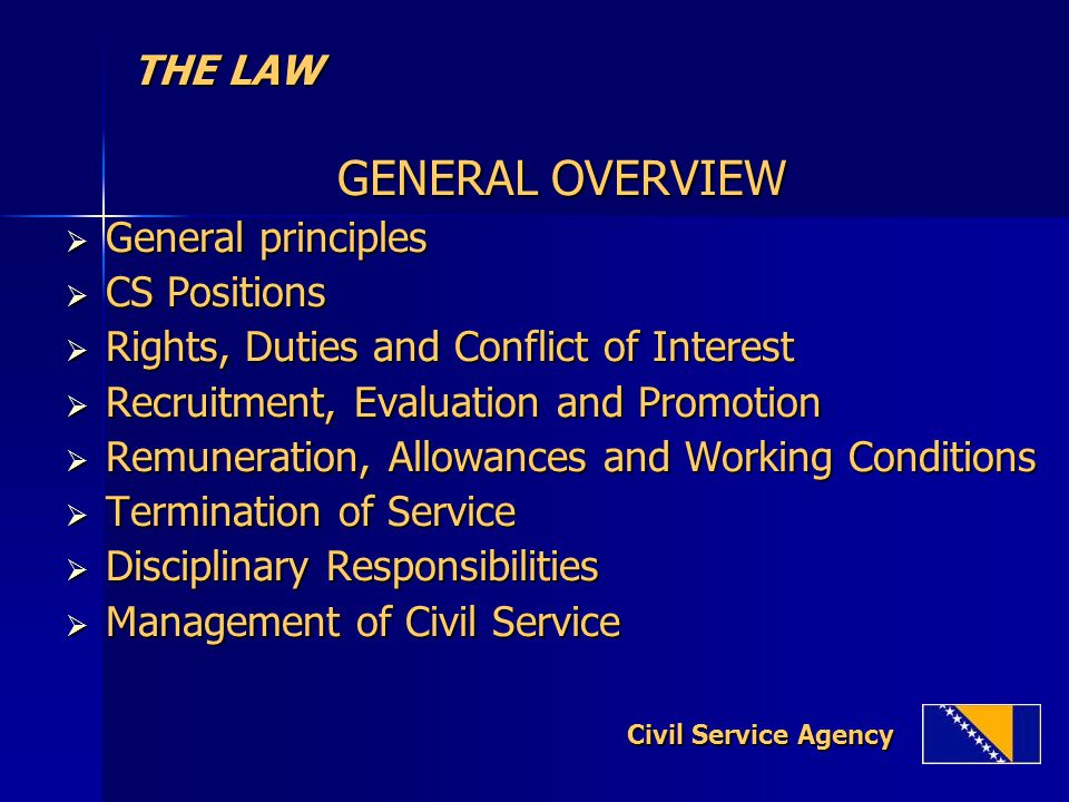 THE LAW THE LAW GENERAL OVERVIEW  General principles  CS Positions  Rights, Duties and Conflict of Interest  Recruitment, Evaluation and Promotion  Remuneration, Allowances and Working Conditions  Termination of Service  Disciplinary Responsibilities  Management of Civil Service Civil Service Agency Civil Service Agency