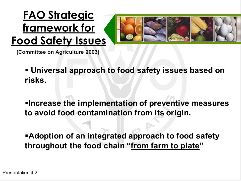 Presentation 4.2 FAO Strategic framework for Food Safety Issues  Universal approach to food safety issues based on risks.