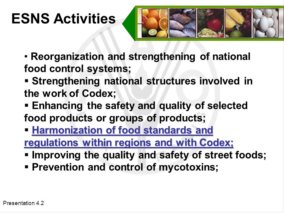 Presentation 4.2 Reorganization and strengthening of national food control systems;  Strengthening national structures involved in the work of Codex;  Enhancing the safety and quality of selected food products or groups of products; Harmonization of food standards and regulations within regions and with Codex;  Harmonization of food standards and regulations within regions and with Codex;  Improving the quality and safety of street foods;  Prevention and control of mycotoxins; ESNS Activities