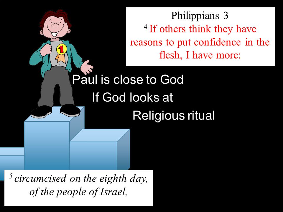 Philippians 3 4 If others think they have reasons to put confidence in the flesh, I have more: Paul is close to God If God looks at 5 circumcised on the eighth day, of the people of Israel, Religious ritual