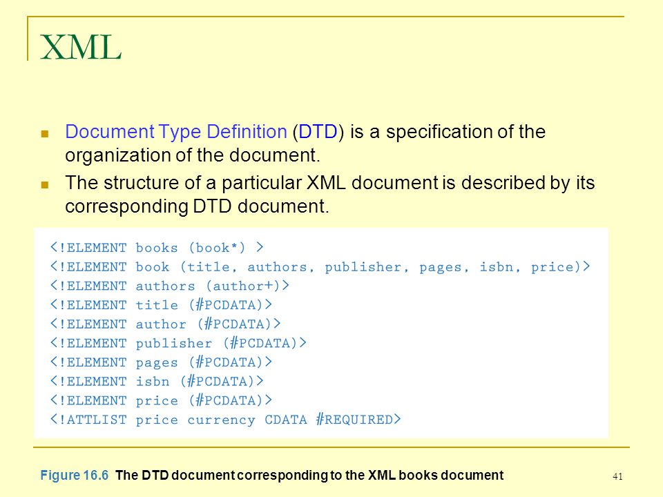 41 XML Document Type Definition (DTD) is a specification of the organization of the document.