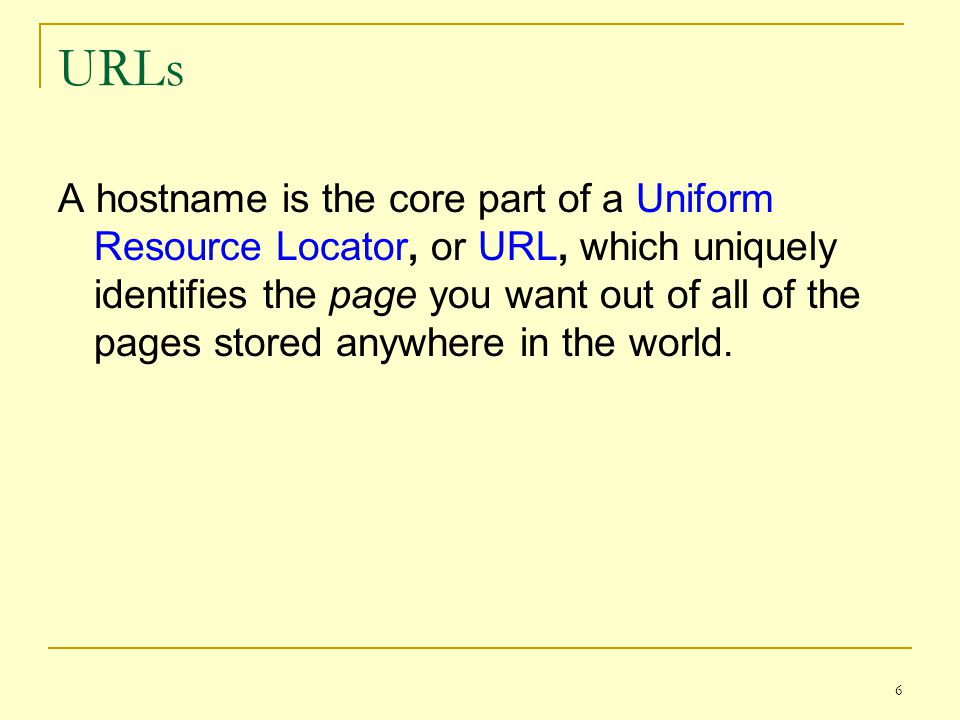 6 URLs A hostname is the core part of a Uniform Resource Locator, or URL, which uniquely identifies the page you want out of all of the pages stored anywhere in the world.