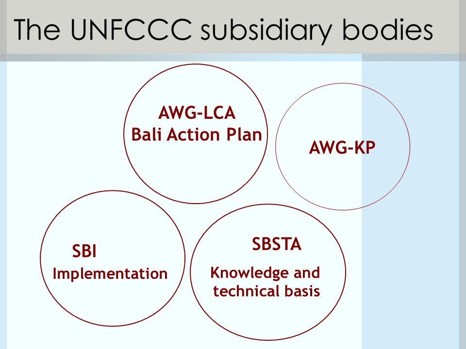 The UNFCCC subsidiary bodies AWG-LCA Bali Action Plan SBI SBSTA Implementation Knowledge and technical basis AWG-KP