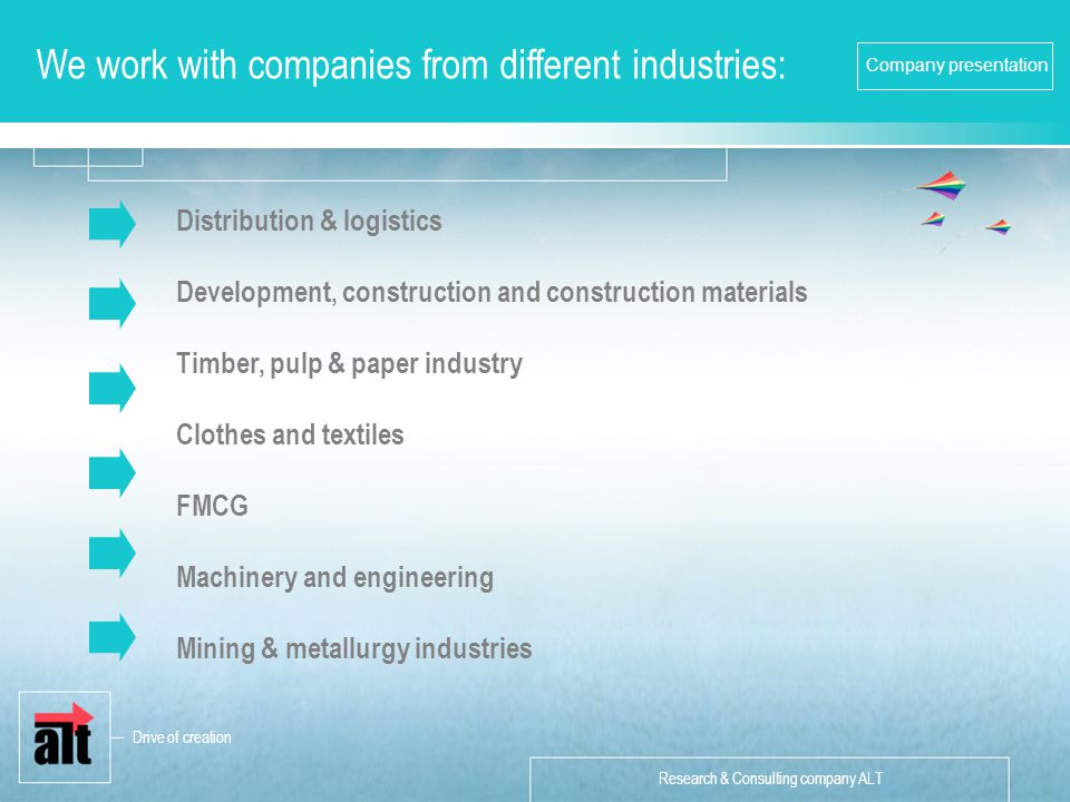 Research & Consulting company ALT Company presentation We work with companies from different industries: Distribution & logistics Development, construction and construction materials Timber, pulp & paper industry Clothes and textiles FMCG Machinery and engineering Mining & metallurgy industries Drive of creation