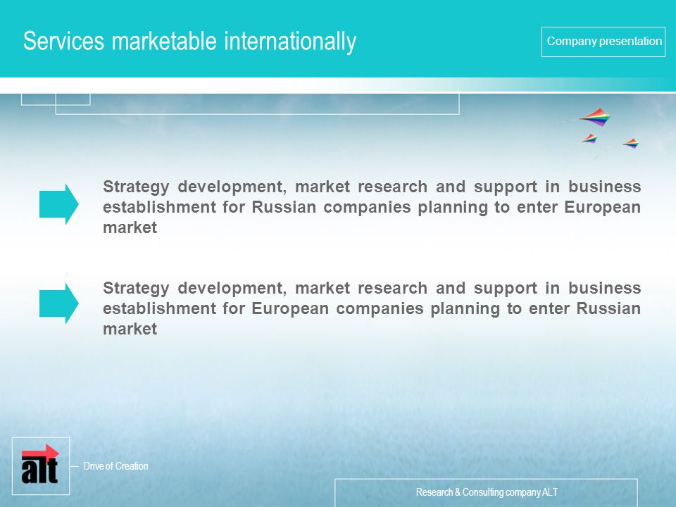 Research & Consulting company ALT Company presentation Services marketable internationally Drive of Creation Strategy development, market research and support in business establishment for Russian companies planning to enter European market Strategy development, market research and support in business establishment for European companies planning to enter Russian market