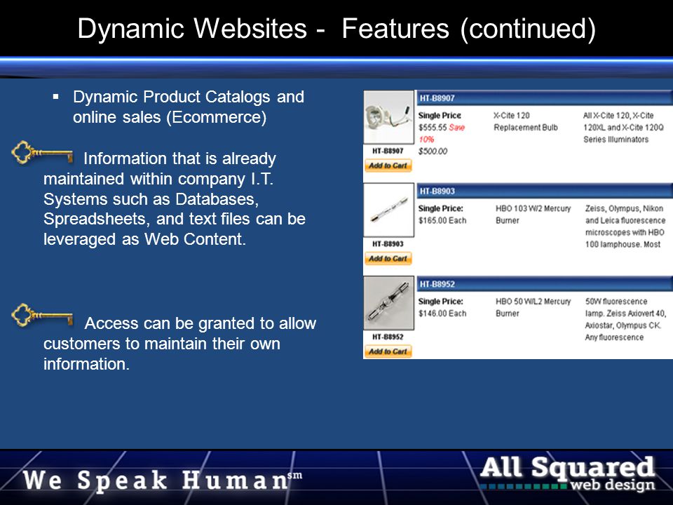  Dynamic Product Catalogs and online sales (Ecommerce) Information that is already maintained within company I.T.