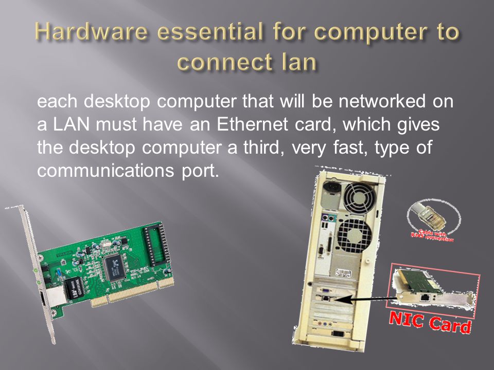 each desktop computer that will be networked on a LAN must have an Ethernet card, which gives the desktop computer a third, very fast, type of communications port.