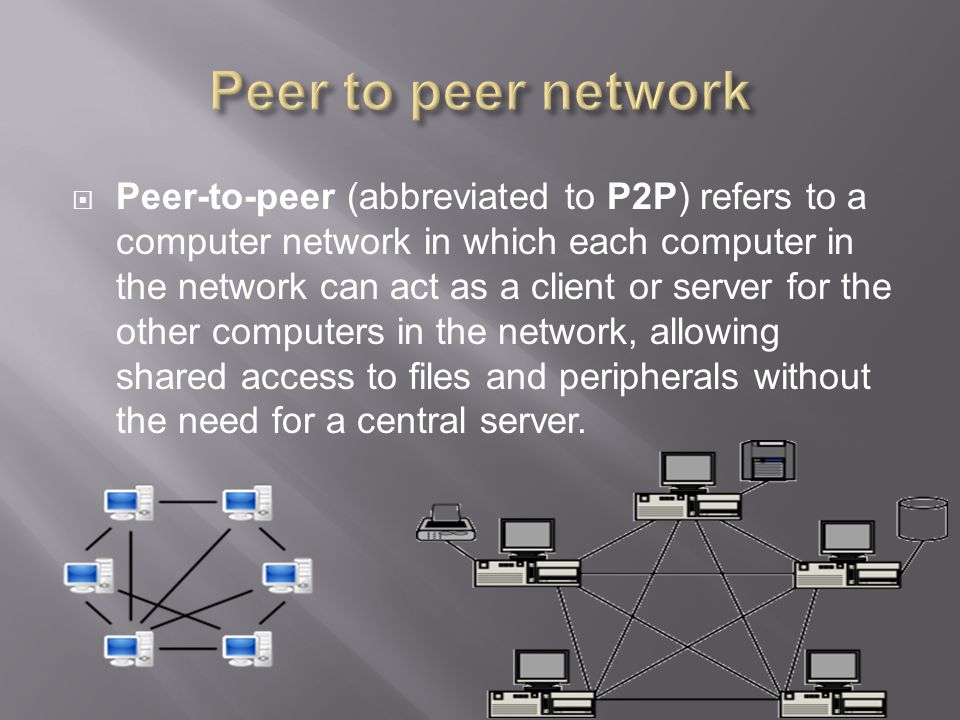  Peer-to-peer (abbreviated to P2P) refers to a computer network in which each computer in the network can act as a client or server for the other computers in the network, allowing shared access to files and peripherals without the need for a central server.