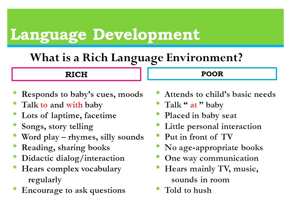 Language Development RICH POOR Responds to baby’s cues, moods Talk to and with baby Lots of laptime, facetime Songs, story telling Word play – rhymes, silly sounds Reading, sharing books Didactic dialog/interaction Hears complex vocabulary regularly Encourage to ask questions What is a Rich Language Environment.