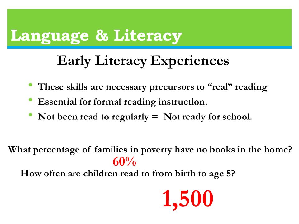 Language & Literacy These skills are necessary precursors to real reading Essential for formal reading instruction.