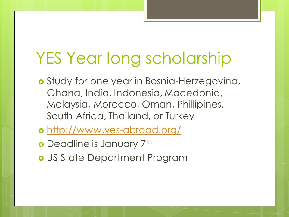 YES Year long scholarship  Study for one year in Bosnia-Herzegovina, Ghana, India, Indonesia, Macedonia, Malaysia, Morocco, Oman, Phillipines, South Africa, Thailand, or Turkey       Deadline is January 7 th  US State Department Program