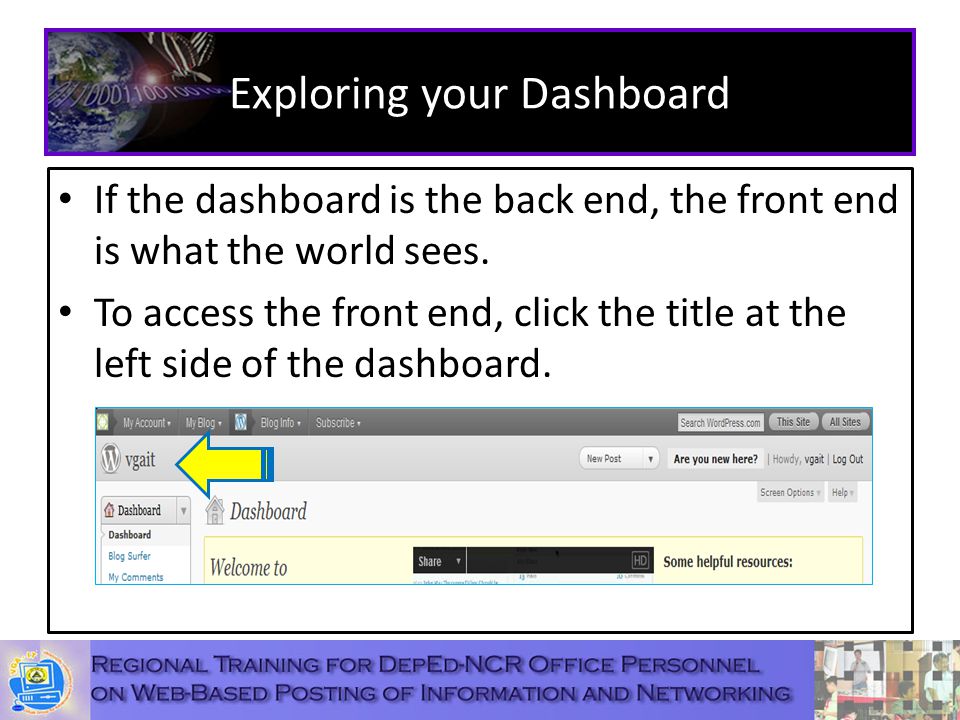 Exploring your Dashboard If the dashboard is the back end, the front end is what the world sees.
