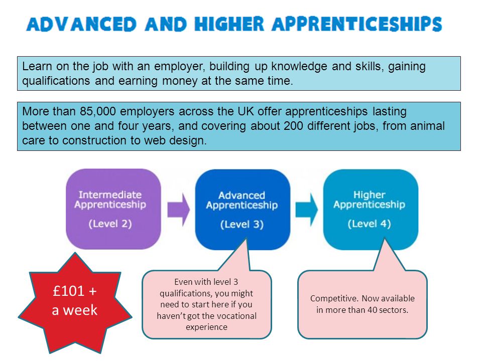 More than 85,000 employers across the UK offer apprenticeships lasting between one and four years, and covering about 200 different jobs, from animal care to construction to web design.