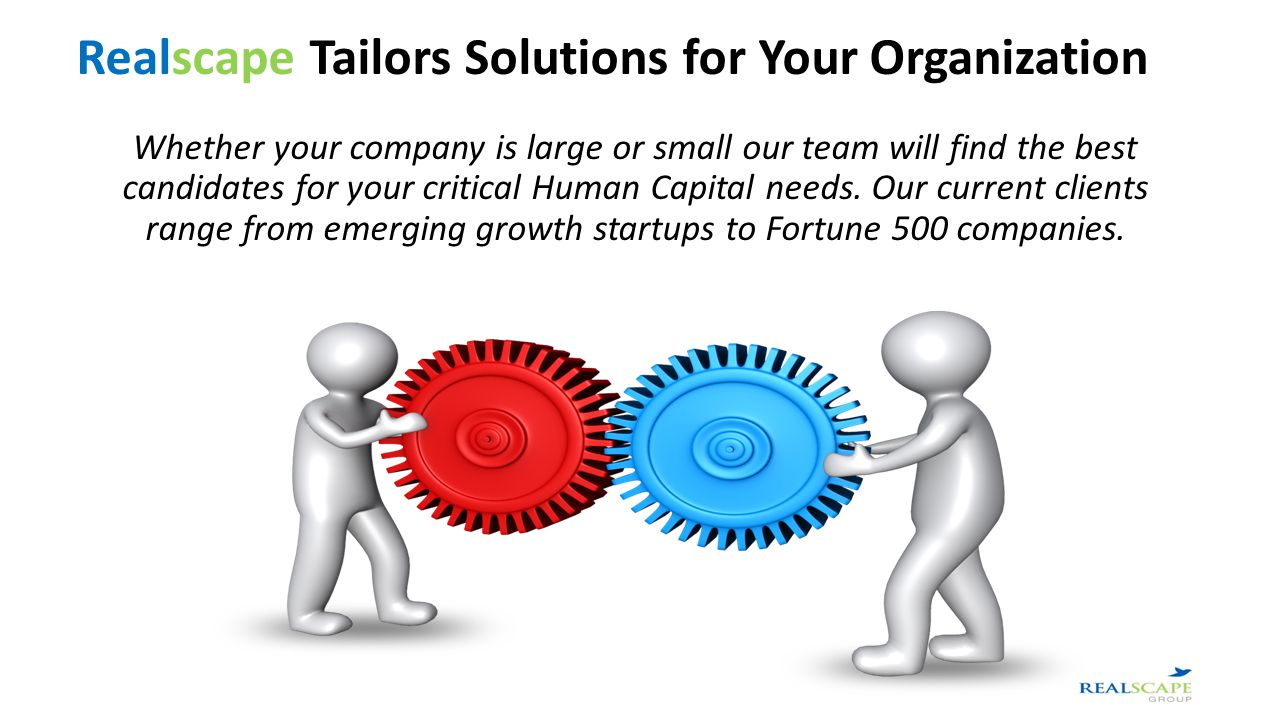 Realscape Tailors Solutions for Your Organization Whether your company is large or small our team will find the best candidates for your critical Human Capital needs.