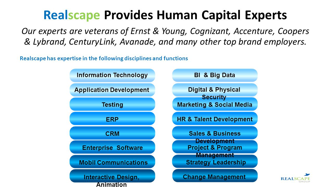 Realscape has expertise in the following disciplines and functions Realscape Provides Human Capital Experts Our experts are veterans of Ernst & Young, Cognizant, Accenture, Coopers & Lybrand, CenturyLink, Avanade, and many other top brand employers.