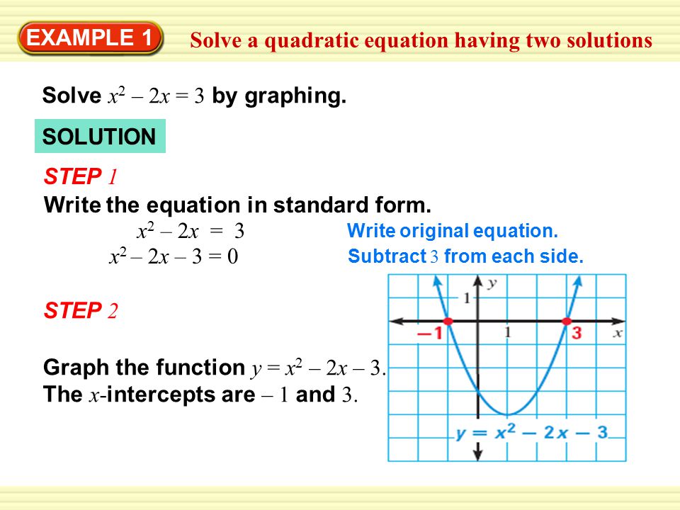 EXAMPLE 1 Solve a quadratic equation having two solutions Solve x 2 – 2x = 3 by graphing.