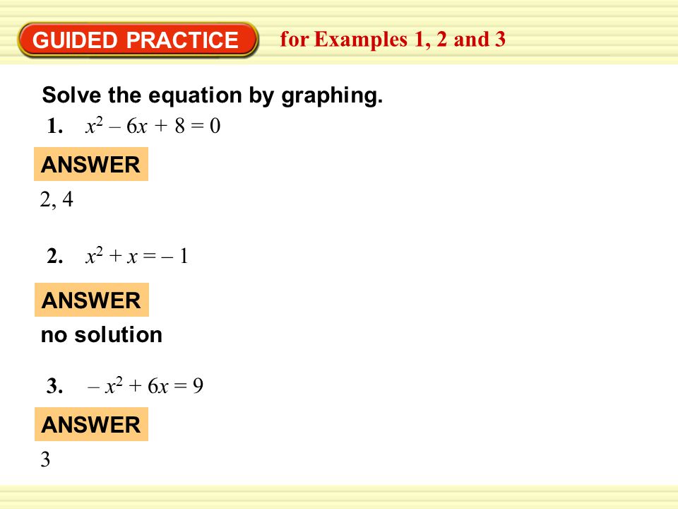 GUIDED PRACTICE for Examples 1, 2 and 3 Solve the equation by graphing.
