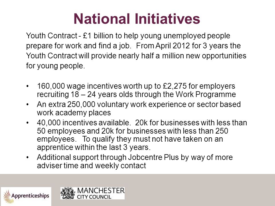 National Initiatives Youth Contract - £1 billion to help young unemployed people prepare for work and find a job.