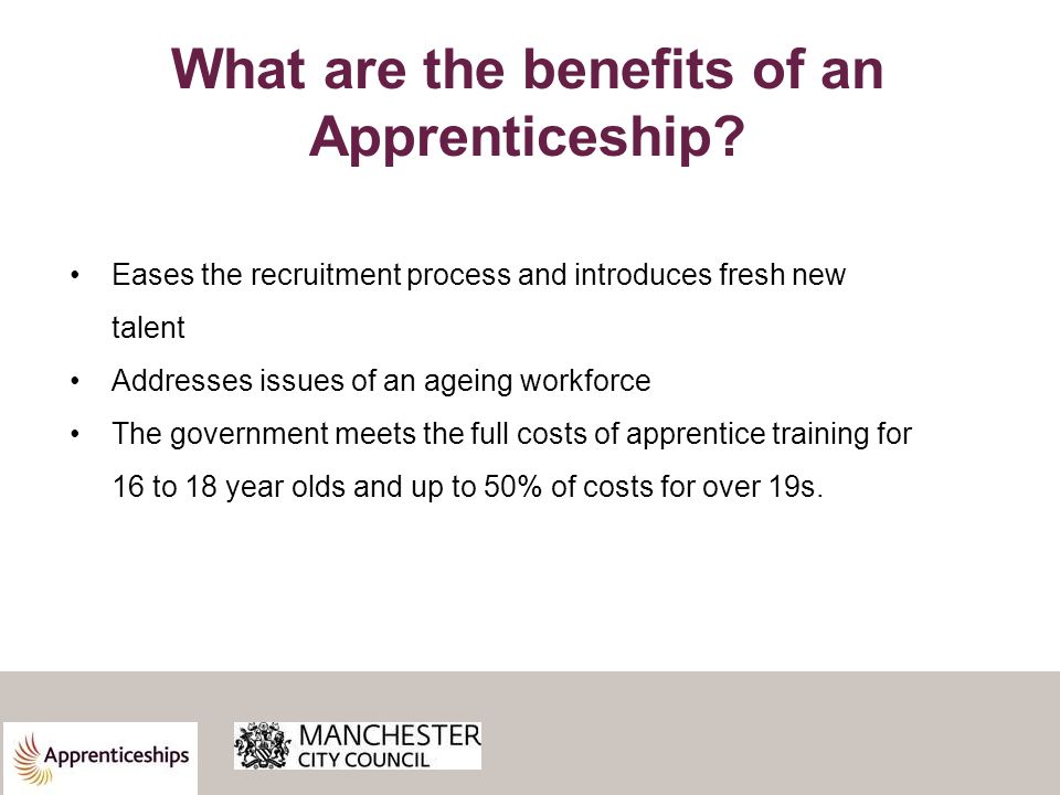 Eases the recruitment process and introduces fresh new talent Addresses issues of an ageing workforce The government meets the full costs of apprentice training for 16 to 18 year olds and up to 50% of costs for over 19s.