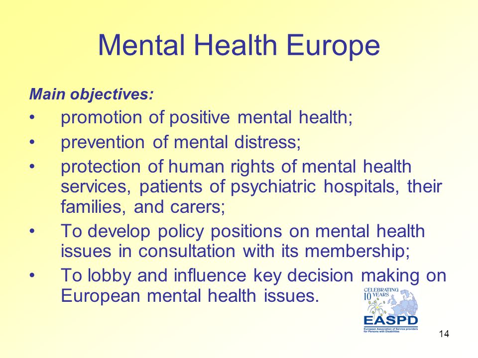 14 Mental Health Europe Main objectives: promotion of positive mental health; prevention of mental distress; protection of human rights of mental health services, patients of psychiatric hospitals, their families, and carers; To develop policy positions on mental health issues in consultation with its membership; To lobby and influence key decision making on European mental health issues.