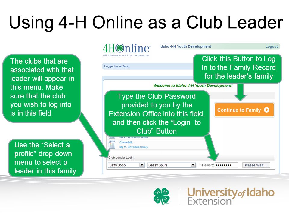 Using 4-H Online as a Club Leader Click this Button to Log In to the Family Record for the leader’s family Use the Select a profile drop down menu to select a leader in this family The clubs that are associated with that leader will appear in this menu.